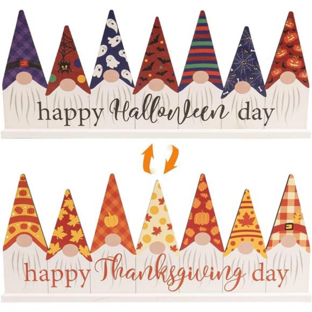 Halloween Gnomes Decorations, 14.6×6 Inch Double Sided Wooden Happy Halloween